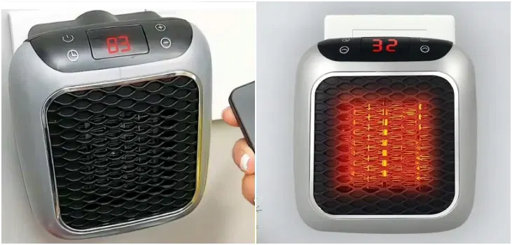 Detailed view of the WellHeater home heating unit showing the portable design and easy-to-read LED control panel.